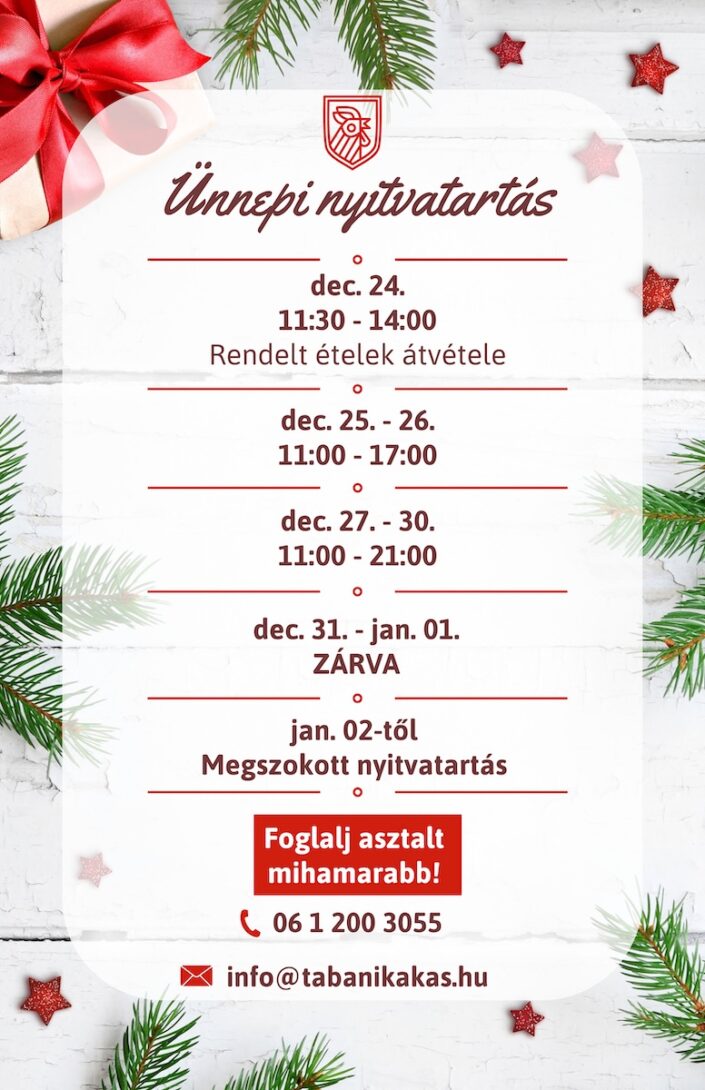 Tabáni Kakas 2025 Ünnepi nyitvatartás